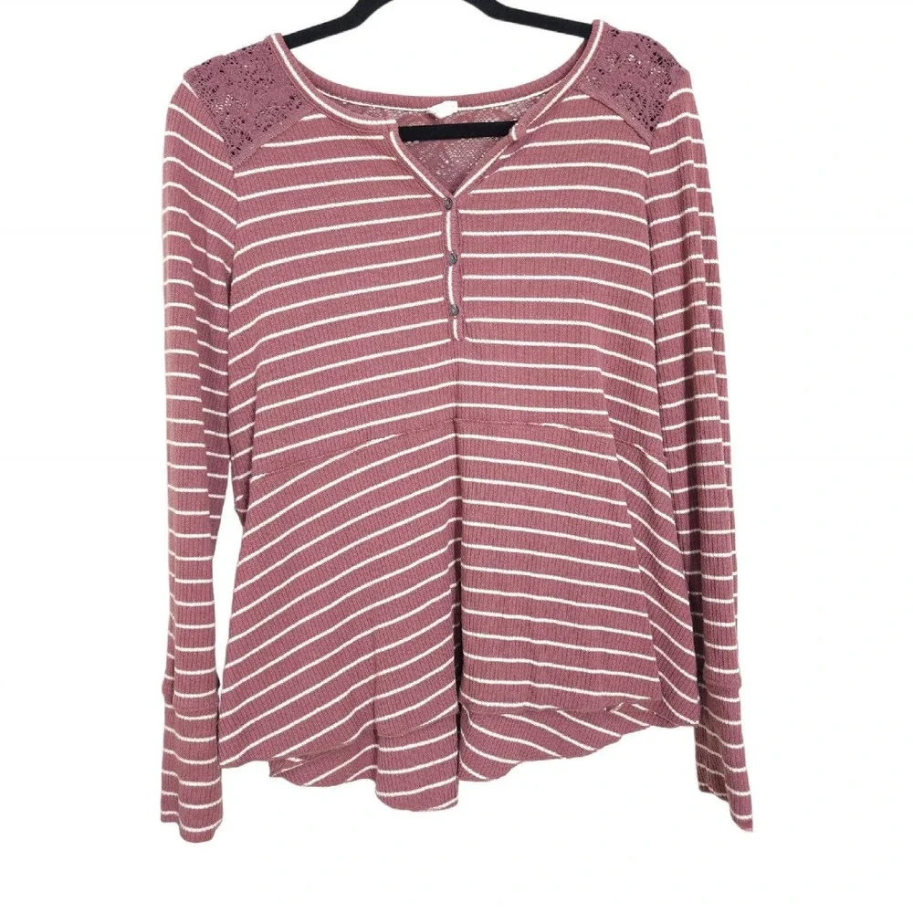 Anthropologie Womens Sleep Shirt Campground Maroon Striped Thermal Henley Top S